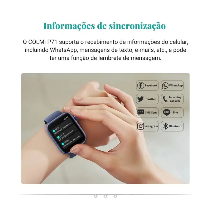 Smartwatch Colmi P71 para Homens e Mulheres - Chamada por Voz, Monitoramento de Saúde, Notificação Inteligente e à Prova d'Água