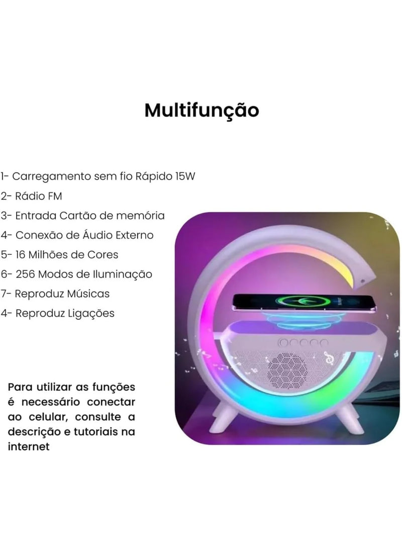 Caixa de Som Bluetooth G Speaker com Luminária Inteligente, Carregador Sem Fio e Alarme - Smart Station 3 em 1 com Luz RGB