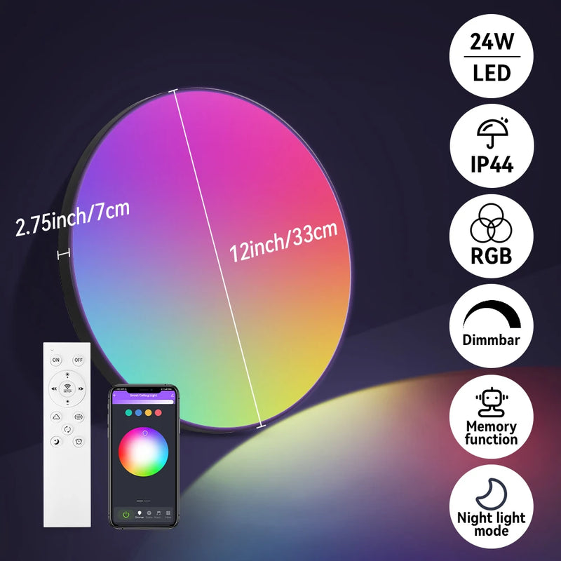 Lâmpada de Teto LED Inteligente RGB com Controle via App Bluetooth, Dimerizável 110-265V, Luminária de Quarto Moderna