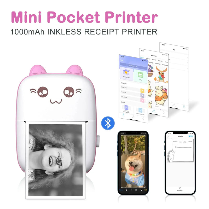 Mini Impressora Térmica Portátil Sem Fio - Design de Gato Leve para Impressão de Fotos, Etiquetas e Memorandos com Cabo USB