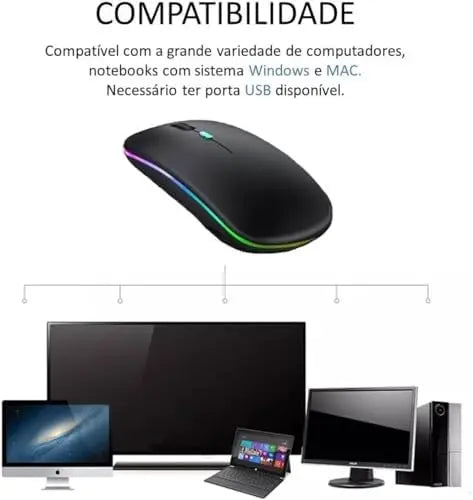 Mouse Sem Fio Recarregável Wireles Optico Led Rgb Ergonômico