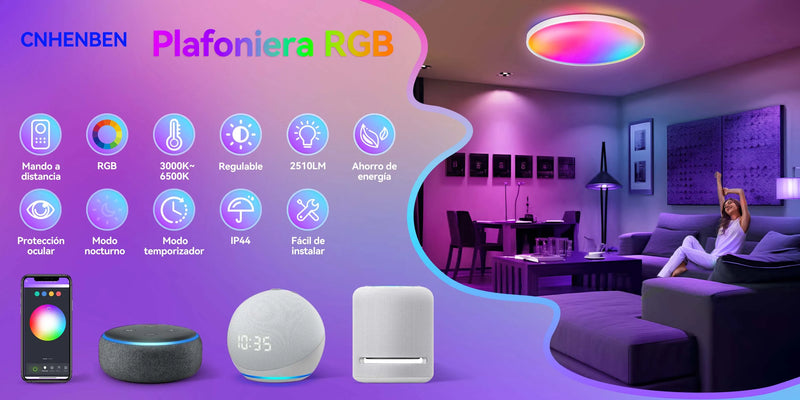 Lâmpada de Teto LED Inteligente RGB com Controle via App Bluetooth, Dimerizável 110-265V, Luminária de Quarto Moderna